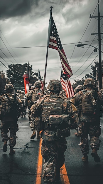 un groupe de soldats marchant dans une rue avec un drapeau américain en arrière-plan