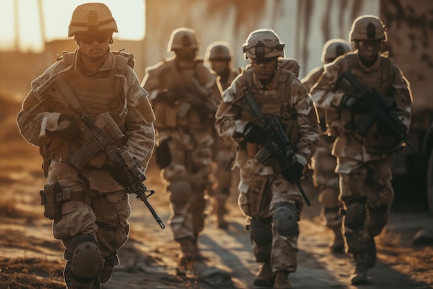 Photo un groupe de soldats marchant sur une route.