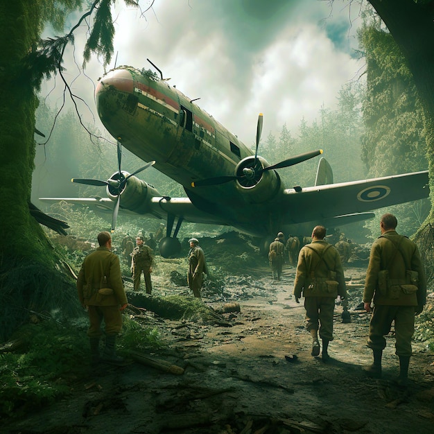 Photo un groupe de soldats marche dans une forêt avec un avion en arrière-plan.