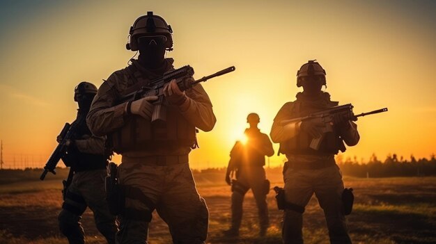 Un groupe de soldats modernes pendant la patrouille et la sécurité du territoire