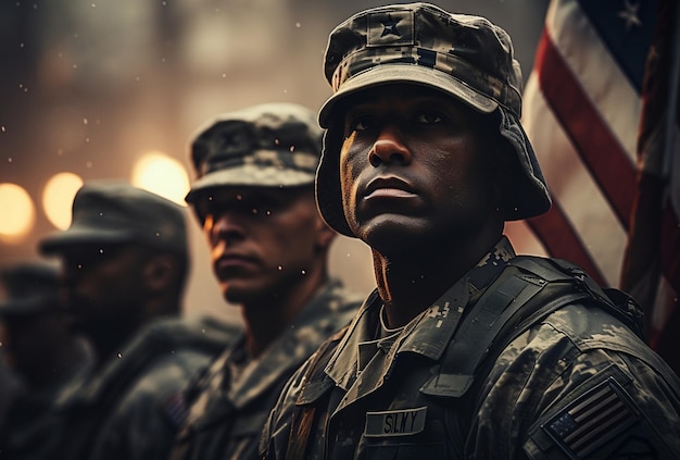 Un groupe de soldats noirs debout honorant le drapeau des États-Unis