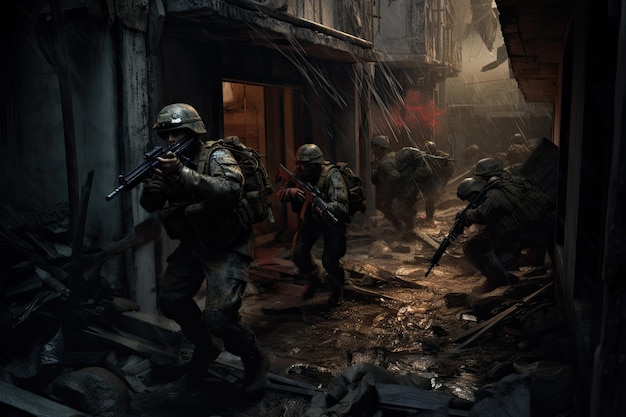 Groupe de soldats pendant le nettoyage de la ville capturée Vérifiez tous les bâtiments et locaux pour les rebelles restants