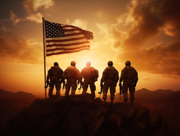 Photo groupe de soldats saluant un drapeau américain