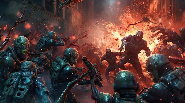 Un groupe de soldats scifi dans une bataille avec des extraterrestres cyborg futuristes Fantasy concept Illustration peinture