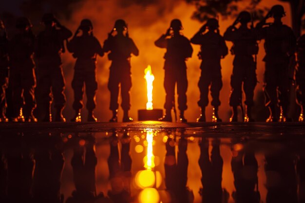 Photo un groupe de soldats se tiennent autour d'un feu avec une personne qui prie