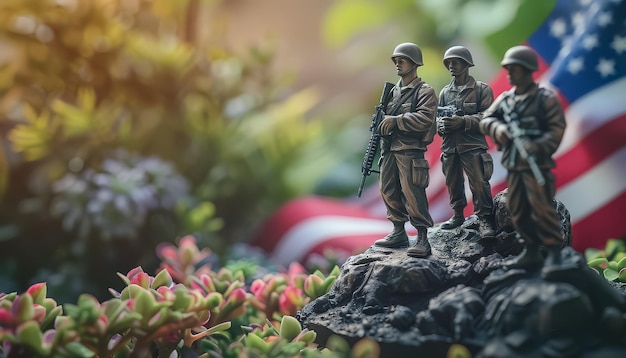 Photo un groupe de soldats se tient devant un drapeau.