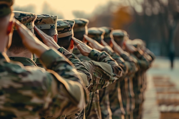 Un groupe de soldats sont alignés et saluent