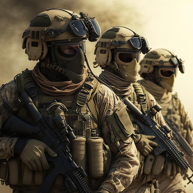 Un groupe de soldats en tenue de camouflage avec les mots unite militaire sur le devant. Photo Premium