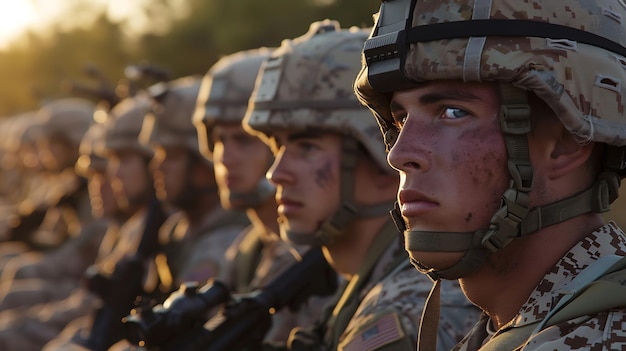 Photo un groupe de soldats en tenue de combat se tiennent en ligne et regardent l'horizon.