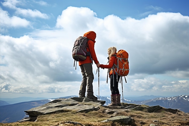 Un groupe soudé de randonneurs aventureux montant en collaboration le sommet de la montagne à couper le souffle