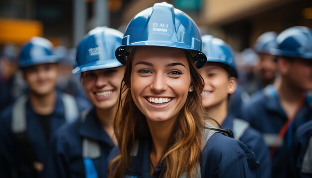 Un groupe souriant avec des chapeaux durs