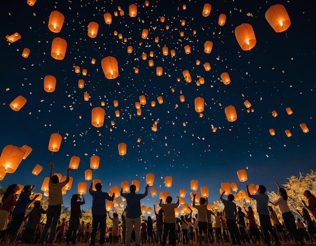 Un groupe de spectateurs libérant des lanternes en papier volantes qui disent souhait sur le fond