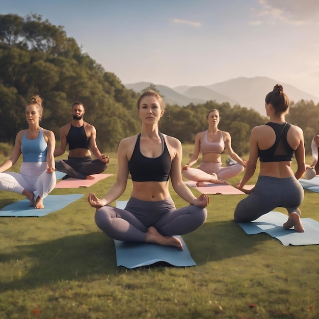 Groupe de sportifs et d'enseignant de yoga faisant du yoga en plein air