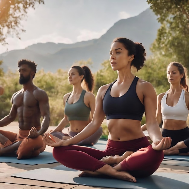 Groupe de sportifs et d'enseignant de yoga faisant du yoga en plein air