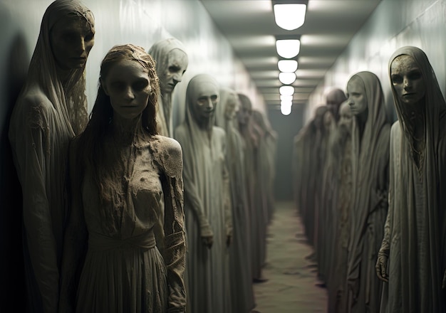 Un groupe de statues effrayantes sont dans un tunnel avec l'une d'elles a une robe blanche sur elle