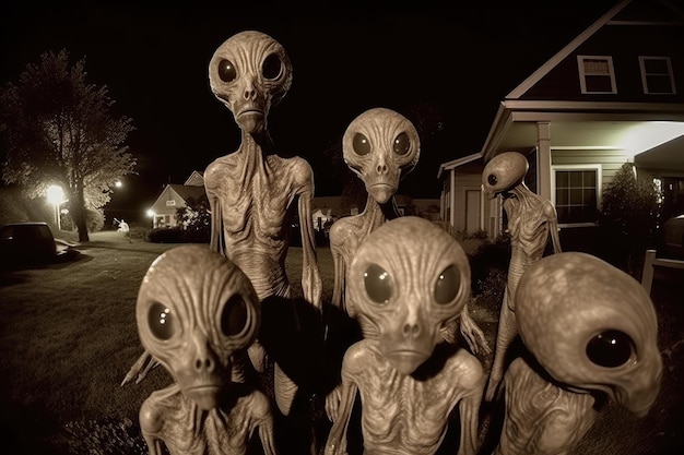 Un groupe de statues extraterrestres se tient devant une maison.