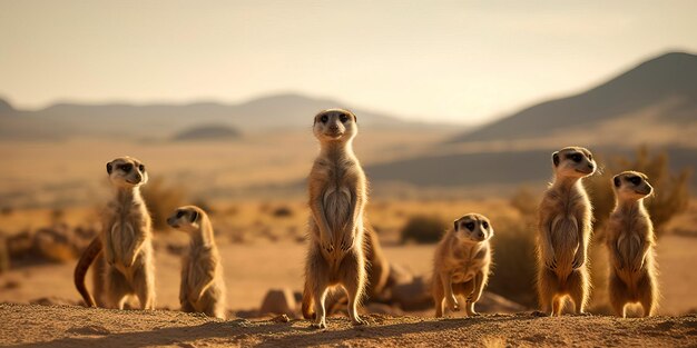 Groupe de suricates debout sur leurs pattes arrière avec un paysage désertique et des montagnes lointaines en arrière-plan Generative AI