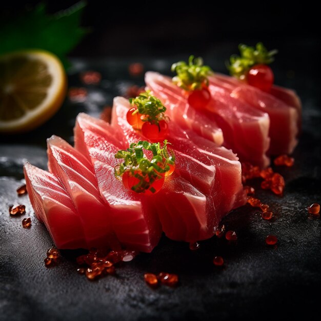 un groupe de sushi sur une table noire avec un quartier de citron sur le dessus.