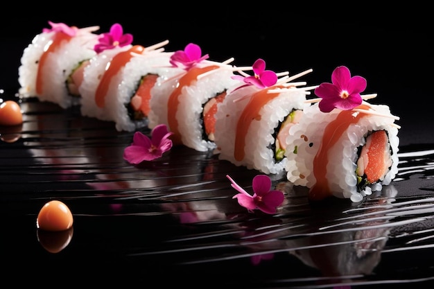 un groupe de sushis sont alignés sur une surface noire