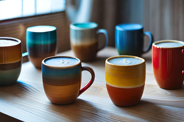 Un groupe de tasses à café colorées avec le mot " non " dessus.