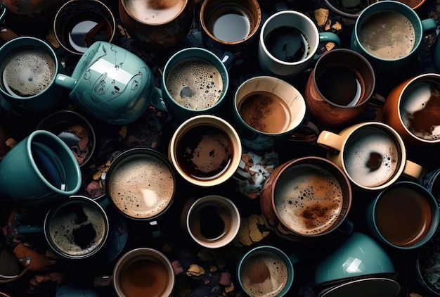 un groupe de tasses de café sont à côté l'un de l'autre dans le style sombre et chaotique