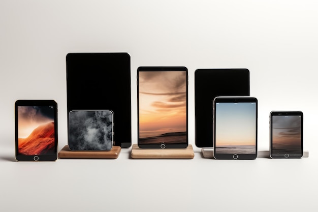 Photo groupe de téléphones portables alignés ensemble sur une surface blanche ou transparente png arrière-plan transparent