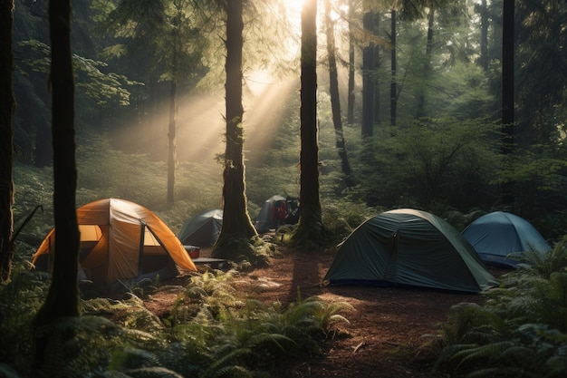 Groupe de tentes de camping en forêt AI générative