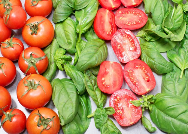 Groupe de tomates rouges fraîches et feuille verte de basilic frais