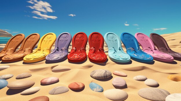 Un groupe de tongs colorés alignés sur le sable