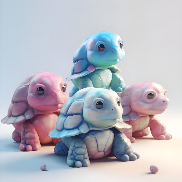 Groupe de tortues sur un fond blanc illustration de rendu 3D