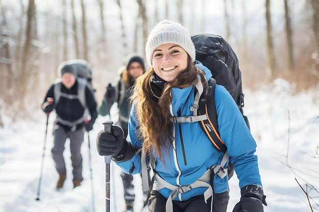 Un groupe de touristes en randonnée dans une forêt enneigée Une touriste regarde la caméra et sourit