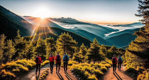 Photo un groupe de touristes avec des sacs à dos se promène dans les montagnes sur fond de coucher de soleil vue arrière generative ai