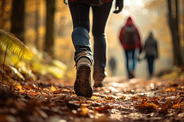 Un groupe de touristes se promène le long du sentier de la forêt d'automne Voyageant en petit groupe Pieds en gros plan