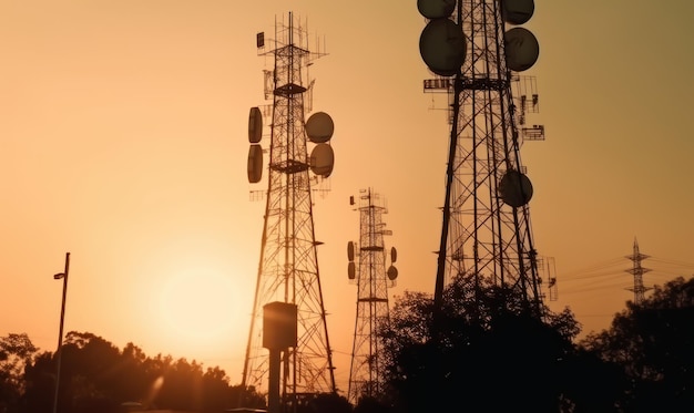 Un groupe de tours cellulaires avec le soleil se couchant derrière eux.