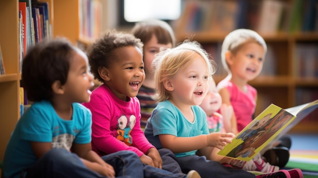 Photo un groupe de tout-petits assis les jambes croisées écoutant attentivement une histoire colorée lue à haute voix par un bibliothécaire