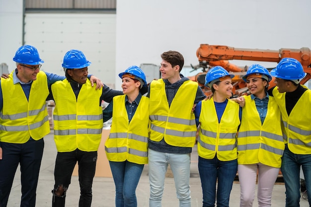 Groupe de travailleurs dans une usine de robotique souriant