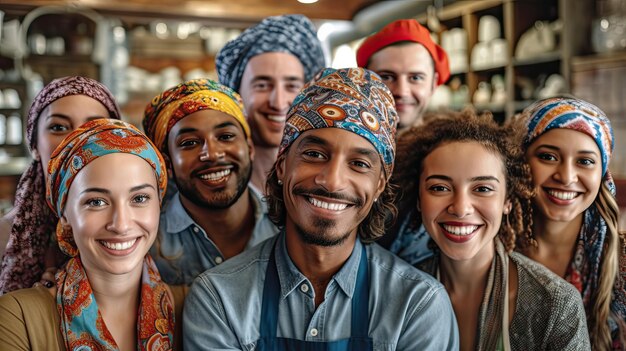 Photo groupe de travailleurs d'équipe mix race aiment travailler dans une petite entreprise debout ensemble souriant uniforme portant pour la publicité du service de nettoyage de café magasin de chaussures atelier d'entrepôt, etc.