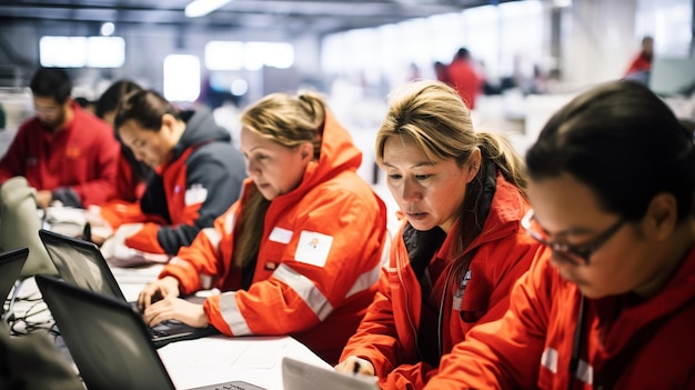 Un groupe de travailleurs humanitaires coordonne les efforts de secours dans un centre d'intervention en cas de catastrophe gérant la logistique