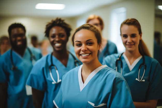 un groupe de travailleurs médicaux souriants debout dans le couloir de l'hôpital