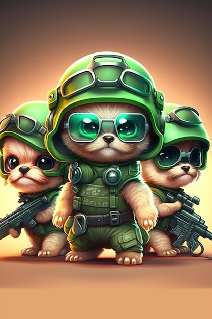 Groupe de trois chats en uniformes militaires avec des fusils et des casques générative ai