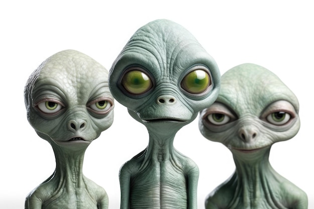 Un groupe de trois créatures extraterrestres aux yeux verts.