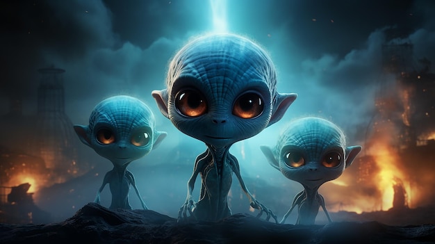 un groupe de trois extraterrestres sur le fond du brouillard espace fictif graphismes informatiques fantastiques