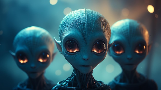 un groupe de trois extraterrestres sur le fond du brouillard espace fictif graphismes informatiques fantastiques