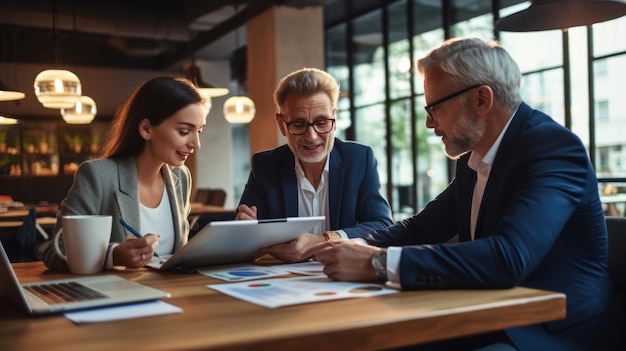 Photo un groupe de trois professionnels de la finance discutant de chiffres lors d'une réunion d'affaires une équipe d'hommes d'affaires réfléchissant à des solutions pour un projet alors qu'ils travaillent au succès de leur entreprise