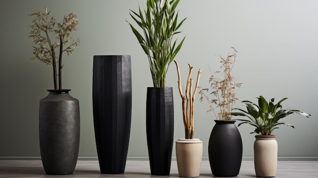 Un groupe de trois vases avec des plantes en eux