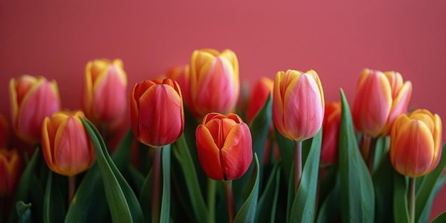 Un groupe de tulipes rouges et jaunes contre un mur jaune