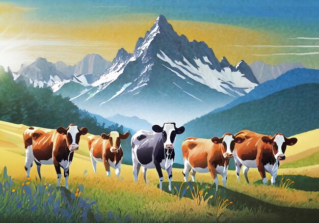 un groupe de vaches dans la prairie avec un fond de montagne