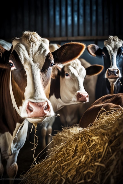 Groupe de vaches debout côte à côte sur un tas de foin AI générative