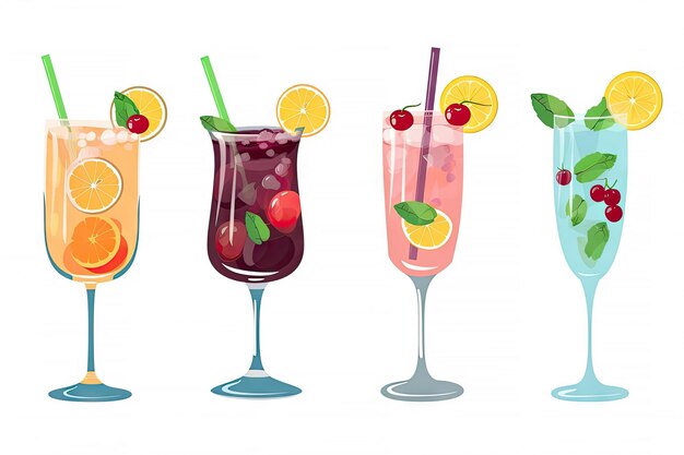 Groupe de variété de jus de fruits cocktail avec des ingrédients isolés sur fond blanc Generative Ai