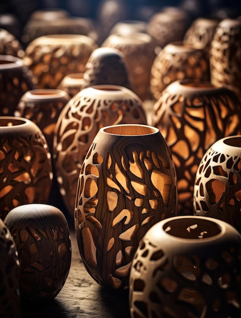 Photo un groupe de vases en bois avec le mot arbre dessus